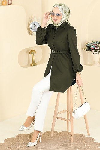 moda selvim Gömlek Yaka Düğmeli Tunik 2847SLK540 Haki - Thumbnail
