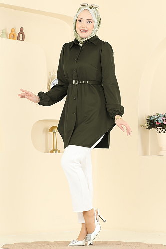 moda selvim Gömlek Yaka Düğmeli Tunik 2847SLK540 Haki - Thumbnail