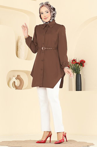 moda selvim Gömlek Yaka Düğmeli Tunik 2847SLK540 Kahve - Thumbnail