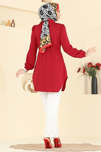 moda selvim Gömlek Yaka Düğmeli Tunik 2847SLK540 Kırmızı - Thumbnail