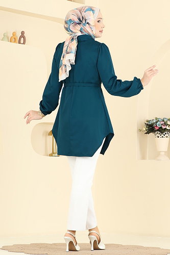 moda selvim Gömlek Yaka Düğmeli Tunik 2847SLK540 Petrol - Thumbnail