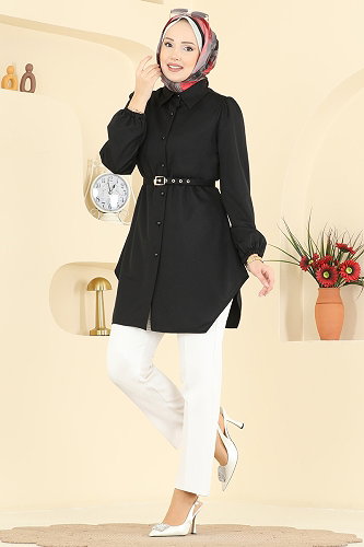 moda selvim Gömlek Yaka Düğmeli Tunik 2847SLK540 Siyah - Thumbnail