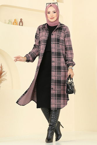 moda selvim Gömlek Yaka Ekose Tunik 3062KTR750 Desen 2 Pembe - Thumbnail