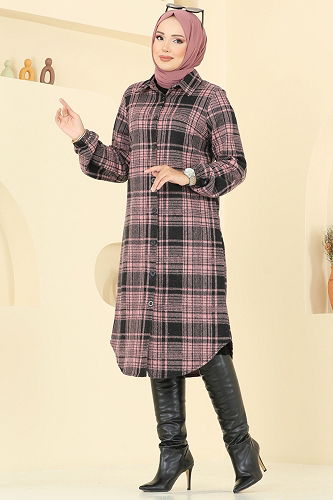 moda selvim Gömlek Yaka Ekose Tunik 3062KTR750 Desen 2 Pembe - Thumbnail