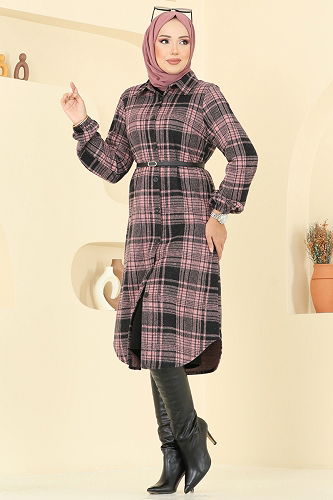 moda selvim Gömlek Yaka Ekose Tunik 3062KTR750 Desen 2 Pembe - Thumbnail