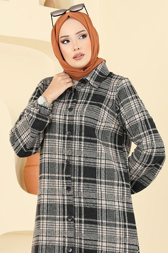 moda selvim Gömlek Yaka Ekose Tunik 3062KTR750 Desen 2 Taş - Thumbnail