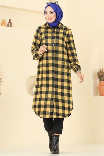 moda selvim Gömlek Yaka Ekose Tunik 3062KTR750 Desen 3 Hardal - Thumbnail