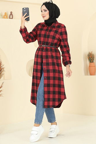 moda selvim Gömlek Yaka Ekose Tunik 3062KTR750 Desen 3 Kırmızı - Thumbnail