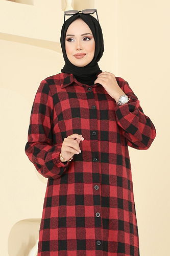 moda selvim Gömlek Yaka Ekose Tunik 3062KTR750 Desen 3 Kırmızı - Thumbnail