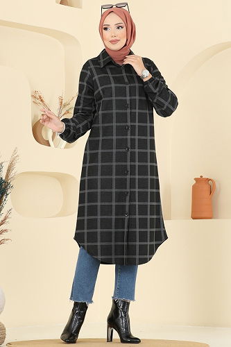 moda selvim Gömlek Yaka Ekose Tunik 3062KTR750 Desen 4 Antrasit - Thumbnail