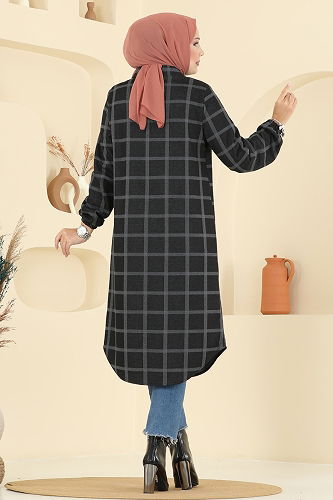 moda selvim Gömlek Yaka Ekose Tunik 3062KTR750 Desen 4 Antrasit - Thumbnail