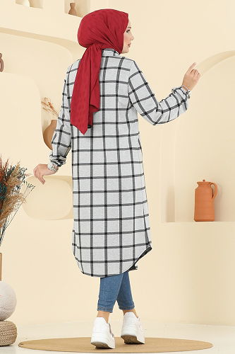 moda selvim Gömlek Yaka Ekose Tunik 3062KTR750 Desen 4 Gri - Thumbnail