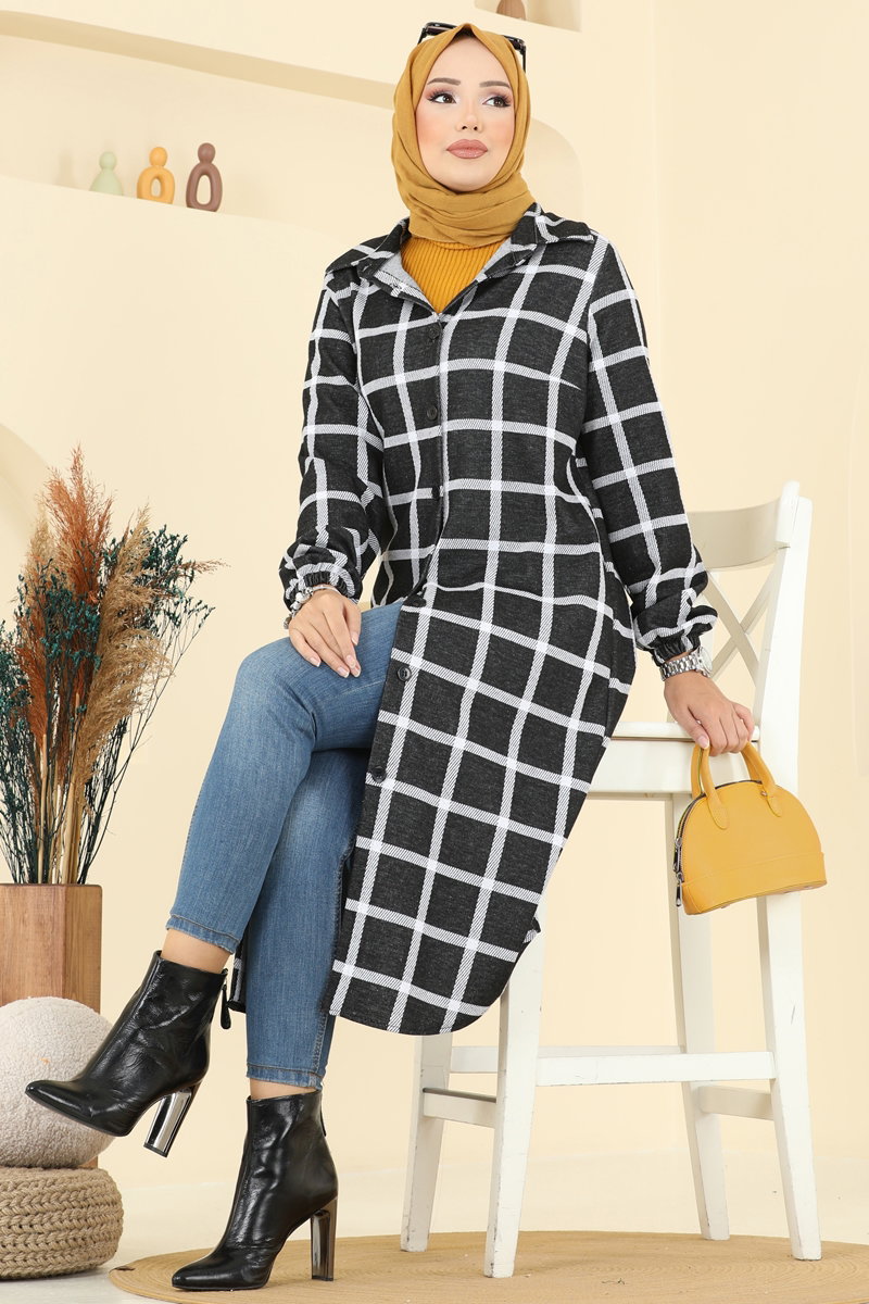 Gömlek Yaka Ekose Tunik 3062KTR750 Desen 4 Siyah