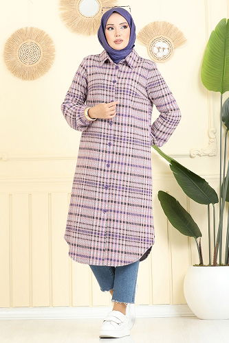 moda selvim Gömlek Yaka Ekose Tunik 3062KTR750 Desen1 Mor - Thumbnail