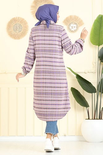 moda selvim Gömlek Yaka Ekose Tunik 3062KTR750 Desen1 Mor - Thumbnail