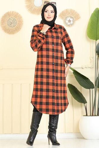 moda selvim Gömlek Yaka Ekose Tunik 3062KTR750 Desen3 Oranj - Thumbnail
