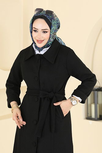 moda selvim Gömlek Yaka Kaşe Kaban 6236BSK463 Siyah - Thumbnail