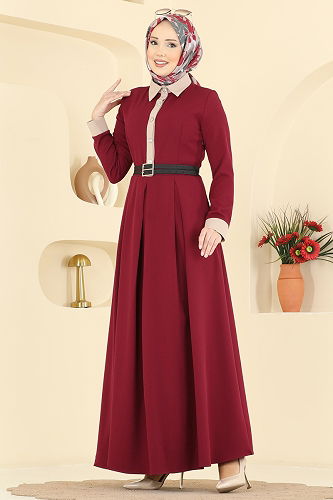 moda selvim Gömlek Yaka Kemerli Elbise 5351AL357 Bordo - Thumbnail
