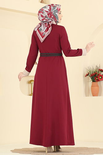 moda selvim Gömlek Yaka Kemerli Elbise 5351AL357 Bordo - Thumbnail