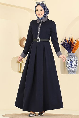 moda selvim Gömlek Yaka Kemerli Elbise 5351AL357 Laci - Thumbnail