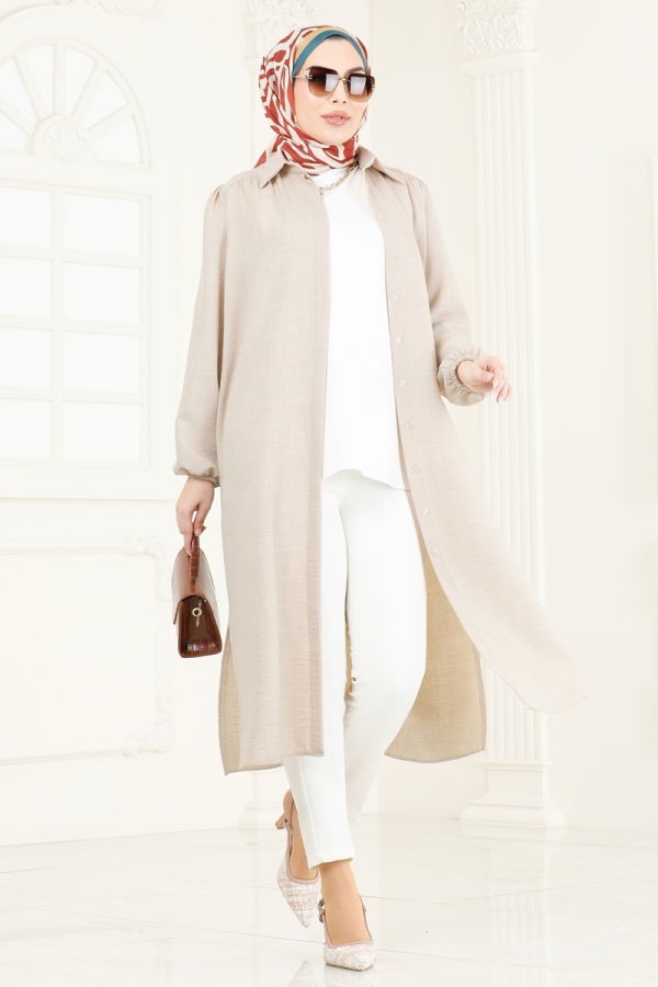 Modaselvim Tunik Gömlek Yaka Keten Tunik 6174BSK463 Taş