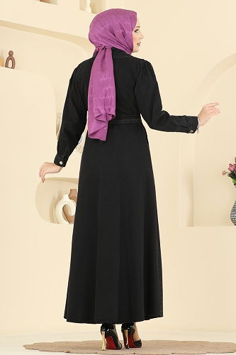 moda selvim Gömlek Yaka Kot Elbise 6804ORG1169 Siyah - Thumbnail