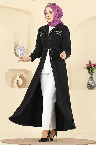 moda selvim Gömlek Yaka Kot Elbise 6804ORG1169 Siyah - Thumbnail