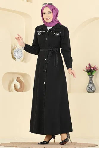 moda selvim Gömlek Yaka Kot Elbise 6804ORG1169 Siyah - Thumbnail