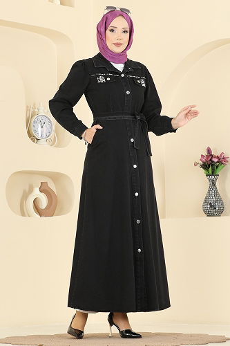 moda selvim Gömlek Yaka Kot Elbise 6804ORG1169 Siyah - Thumbnail