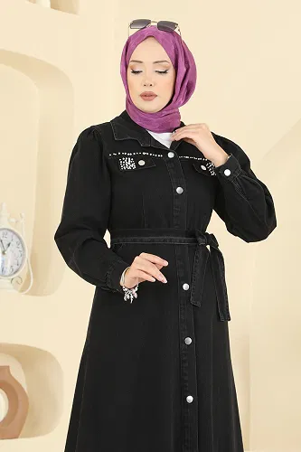 moda selvim Gömlek Yaka Kot Elbise 6804ORG1169 Siyah - Thumbnail