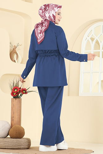 moda selvim Gömlek Yaka Krep Takım 24005UKB139 Açık İndigo - Thumbnail