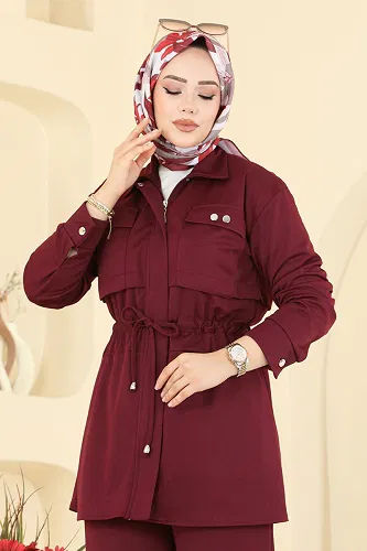 moda selvim Gömlek Yaka Krep Takım 24005UKB139 Bordo - Thumbnail