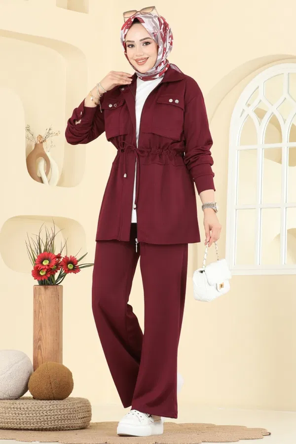 Modaselvim Kombin Gömlek Yaka Krep Takım 24005UKB139 Bordo