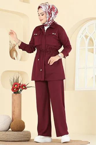 moda selvim Gömlek Yaka Krep Takım 24005UKB139 Bordo - Thumbnail