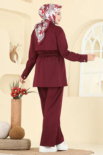 moda selvim Gömlek Yaka Krep Takım 24005UKB139 Bordo - Thumbnail