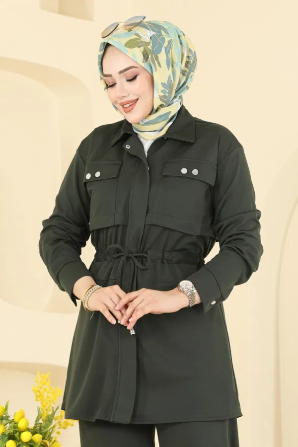 Modaselvim Kombin Gömlek Yaka Krep Takım 24005UKB139 Haki