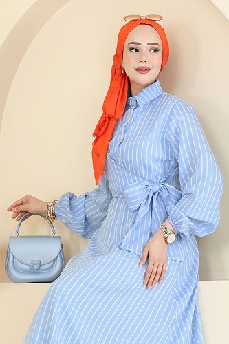 moda selvim Gömlek Yaka Şık Elbise 003NZA1199 Bebe Mavisi - Thumbnail