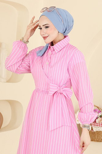 moda selvim Gömlek Yaka Şık Elbise 003NZA1199 Pembe - Thumbnail