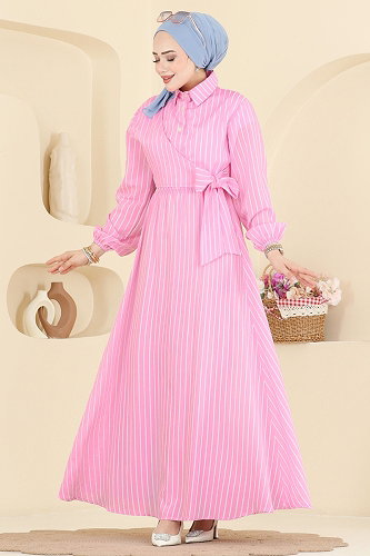 moda selvim Gömlek Yaka Şık Elbise 003NZA1199 Pembe - Thumbnail