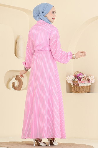 moda selvim Gömlek Yaka Şık Elbise 003NZA1199 Pembe - Thumbnail