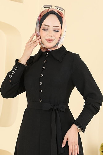 moda selvim Gömlek Yaka Şık Elbise PL9226 Siyah - Thumbnail