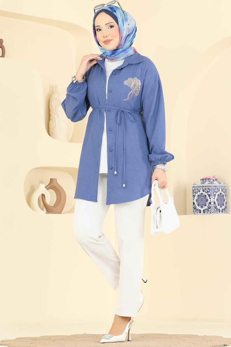 Gömlek Yaka Taşlı Tunik 2827SLK540 Açık İndigo