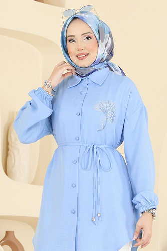 moda selvim Gömlek Yaka Taşlı Tunik 2827SLK540 Bebe Mavisi - Thumbnail