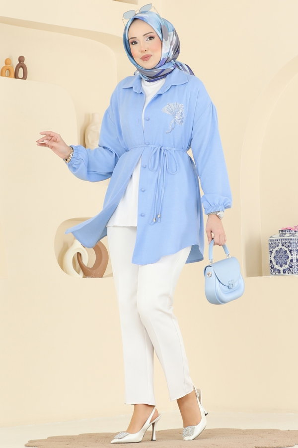 Modaselvim Tunik Gömlek Yaka Taşlı Tunik 2827SLK540 Bebe Mavisi