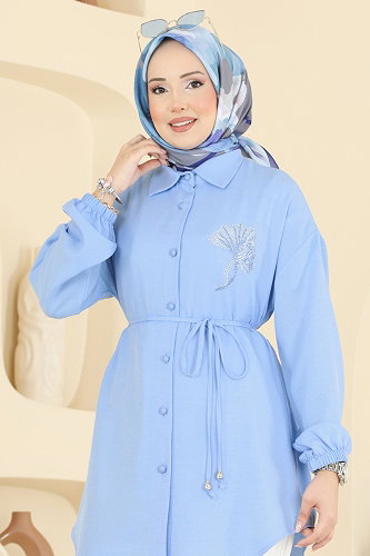 moda selvim Gömlek Yaka Taşlı Tunik 2827SLK540 Bebe Mavisi - Thumbnail