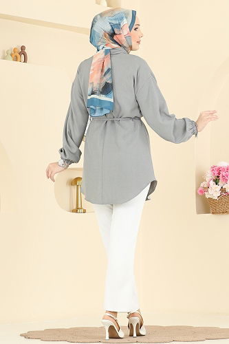 moda selvim Gömlek Yaka Taşlı Tunik 2827SLK540 Koyu Gri - Thumbnail