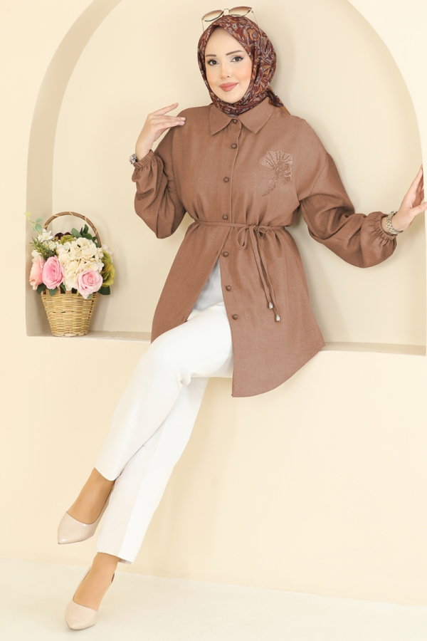 Modaselvim Tunik Gömlek Yaka Taşlı Tunik 2827SLK540 Latte