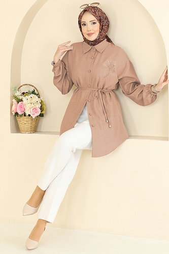 moda selvim Gömlek Yaka Taşlı Tunik 2827SLK540 Latte - Thumbnail