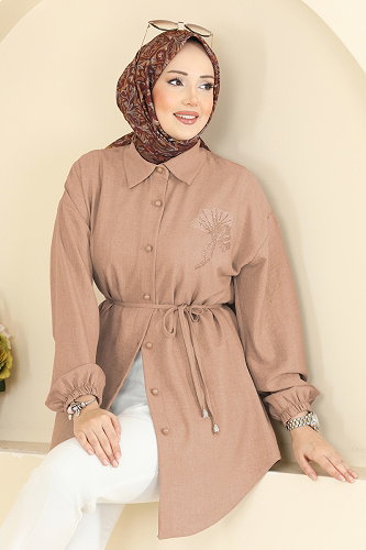 moda selvim Gömlek Yaka Taşlı Tunik 2827SLK540 Latte - Thumbnail