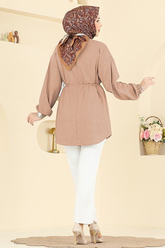 moda selvim Gömlek Yaka Taşlı Tunik 2827SLK540 Latte - Thumbnail